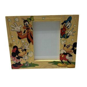Vintage Disney Store Blond Wood Picture Frame Painted Mickey Minnie Donald Goofy